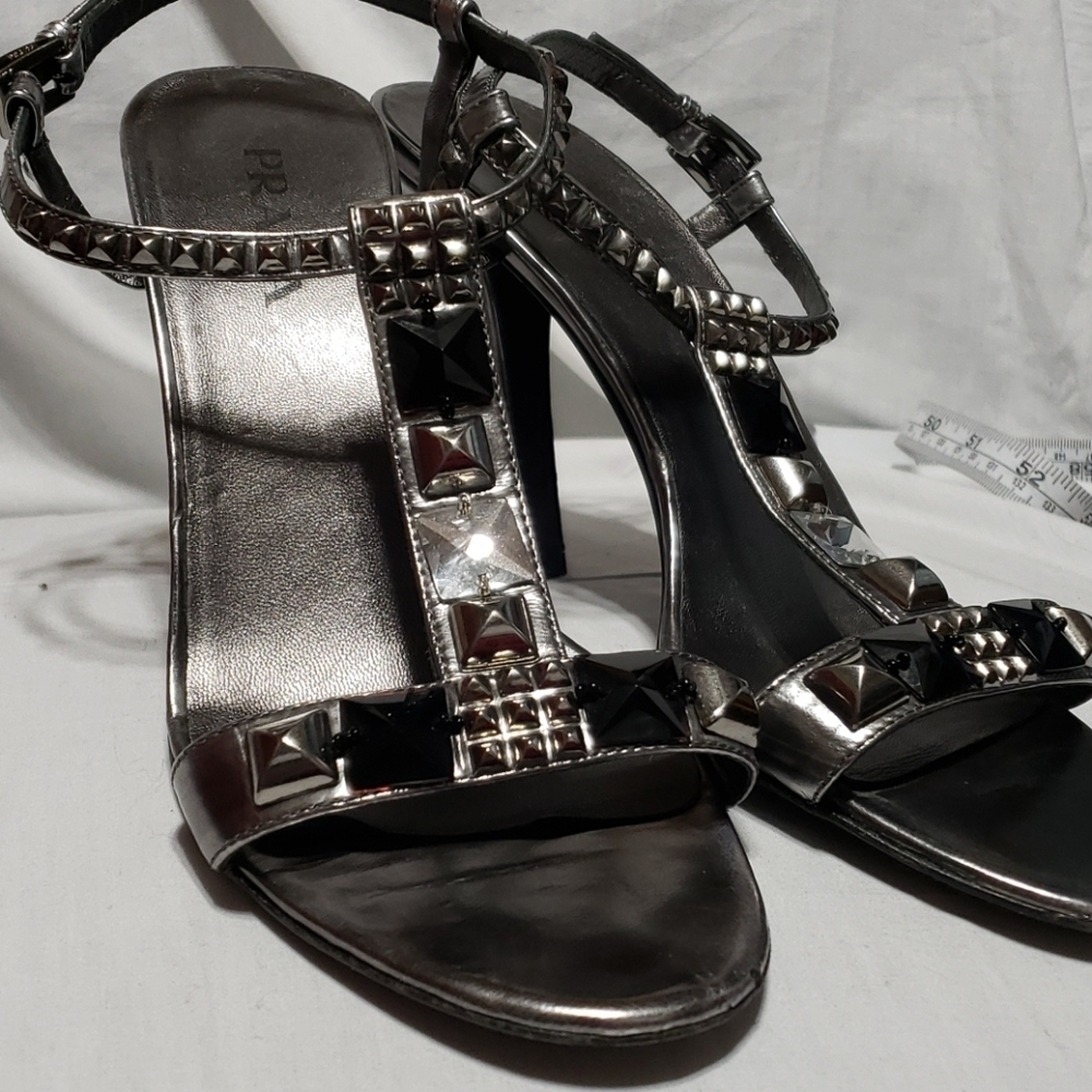 Prada silver studded bling heeled slingback sandal